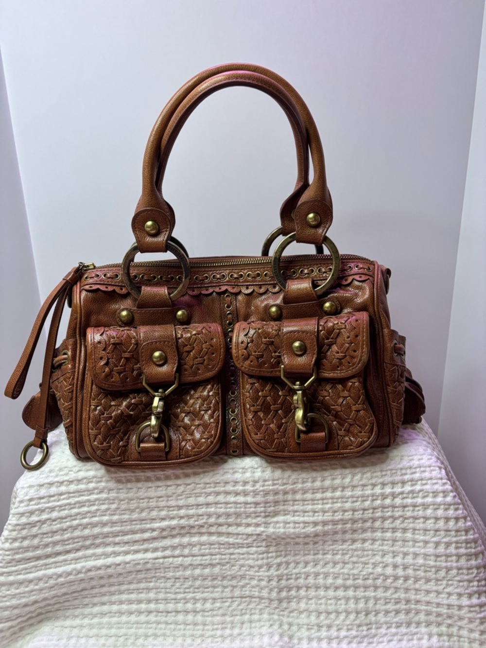 Isabella Fiore Brown Woven Leather Satchel Handbag